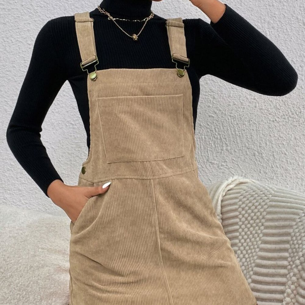 NWOT Tan Preppy Pocket Front Corduroy Overall Dress